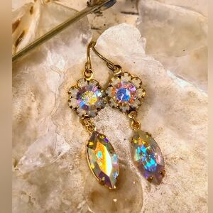 Winter White Flower Crystal AB In Dangle Two Stone Gold Plated Earrings